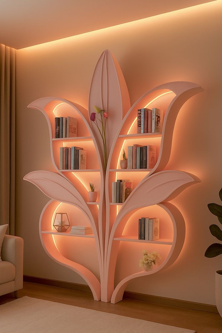 Luxury Flower-Shaped LED Bookshelf | Modern Artistic Wall Shelf with Warm Backlight