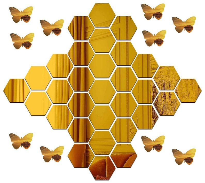 Golden Honeycomb Mirror Wall Stickers | 3D Acrylic Hexagon & Butterfly Wall Art Set