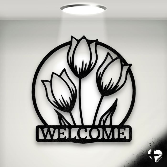 Elegant Floral Welcome Metal Wall Art – Tulip Design for Home Entrance & Living Room Décor