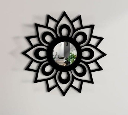 Modern Lotus Flower Wall Mirror | Elegant Black MDF Decorative Mirror