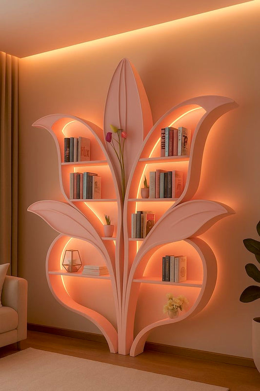 Luxury Flower-Shaped LED Bookshelf | Modern Artistic Wall Shelf with Warm Backlight