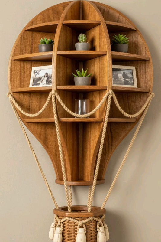 Hot Air Balloon Wooden Wall Shelf | Artistic Decorative Storage with Rope Detailing