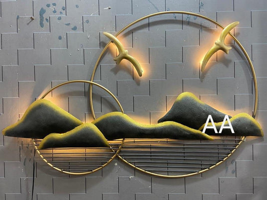 Golden Horizon Metal Wall Art | Modern LED Mountain Landscape Wall Décor
