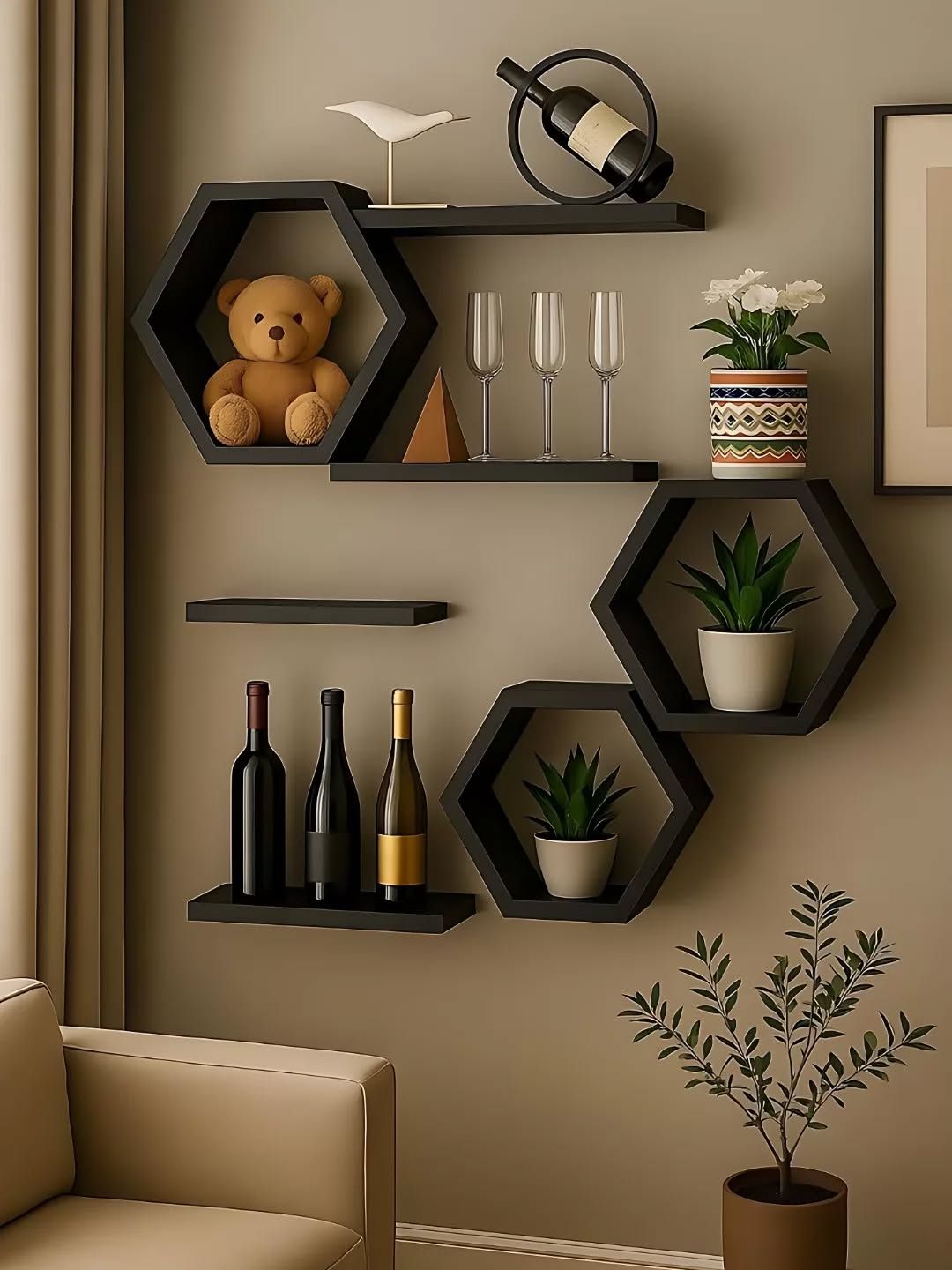 “Modern Hexagonal Floating Wall Shelves – Stylish Geometric Display Rack Set”