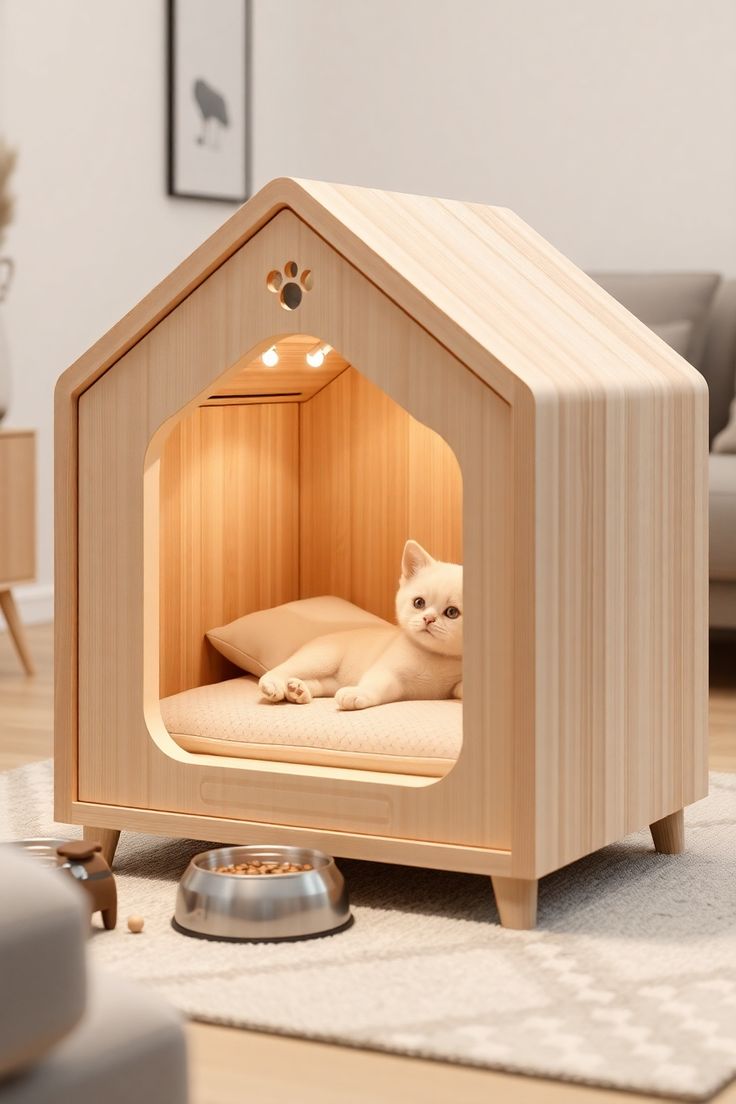 Luxury Wooden Pet House with Built-in LED Lighting & Cushion