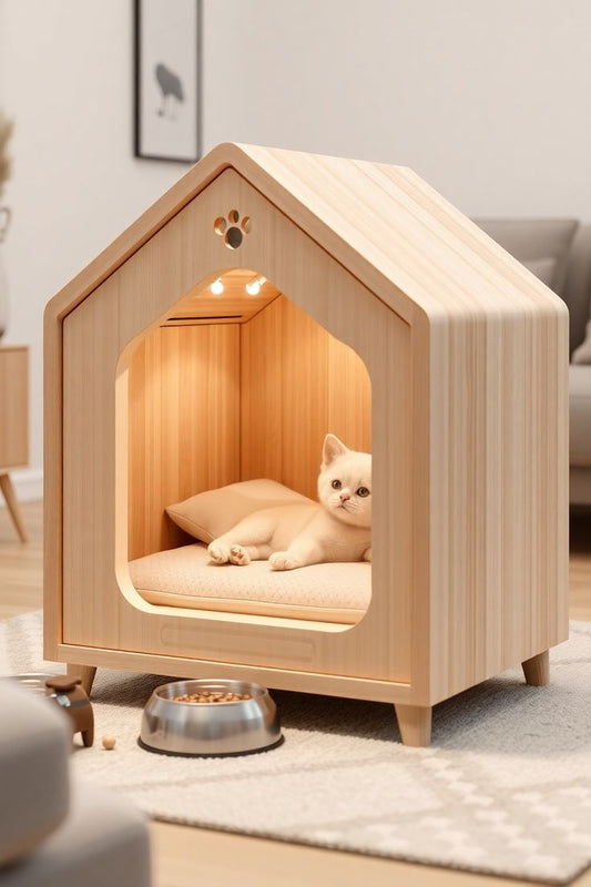 Luxury Wooden Pet House with Built-in LED Lighting & Cushion