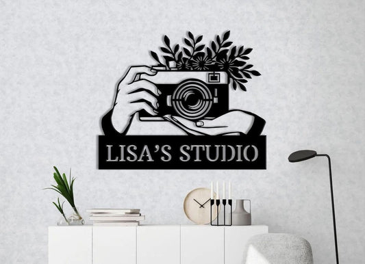 Personalized Photography Studio Metal Wall Art – Custom Name Camera Design Sign