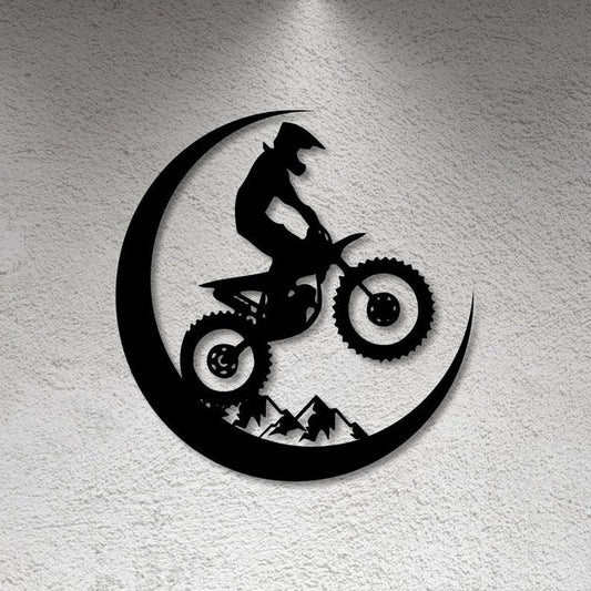 “Motorbike Rider on Crescent Moon Metal Wall Art – Adventure-Inspired Home Decor”