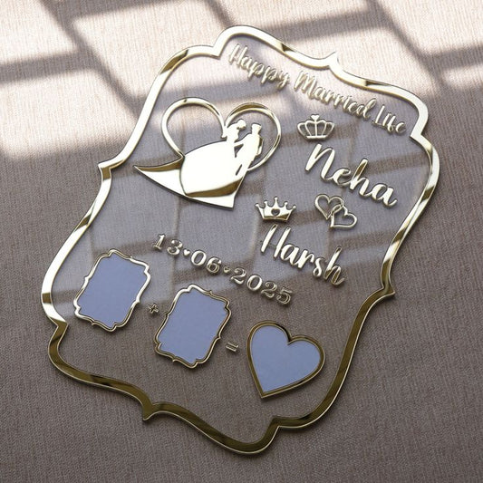 Personalized Golden Acrylic Wedding Name Frame | Custom Couple Gift Plaque with Date & Photo Holders