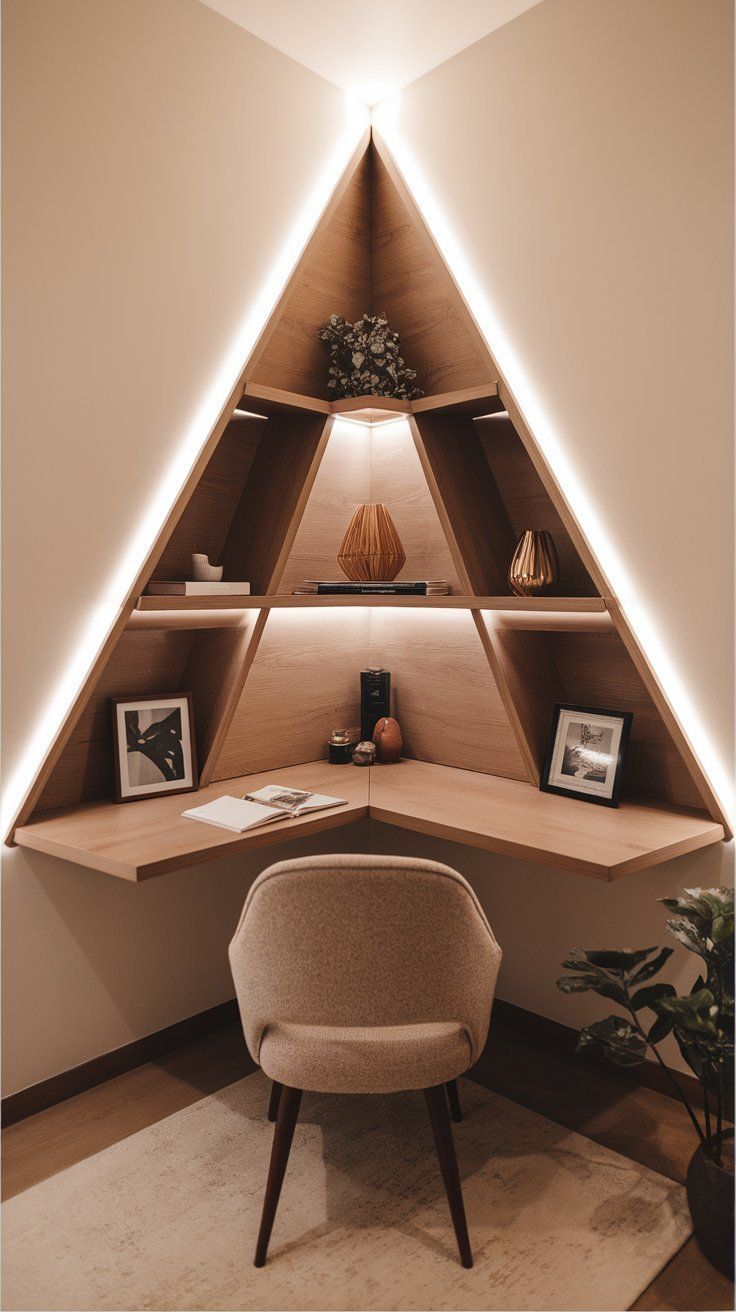 Modern Triangle Corner Desk with LED Shelves | Space-Saving Wooden Study & Display Unit