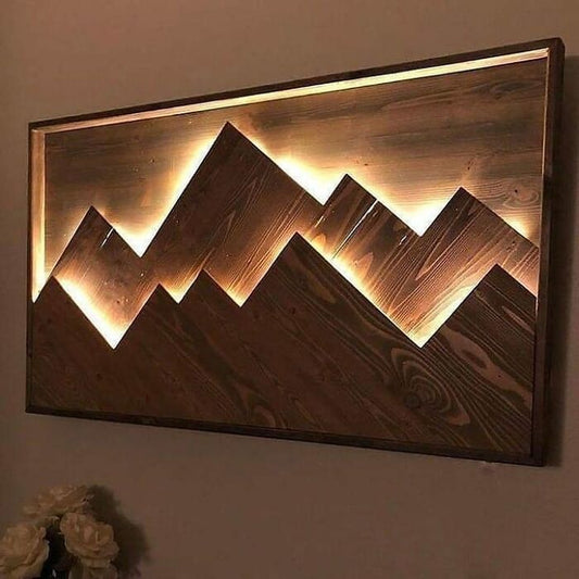 Rustic Wooden Mountain LED Wall Art | Handcrafted Light-Up Nature Wall Décor
