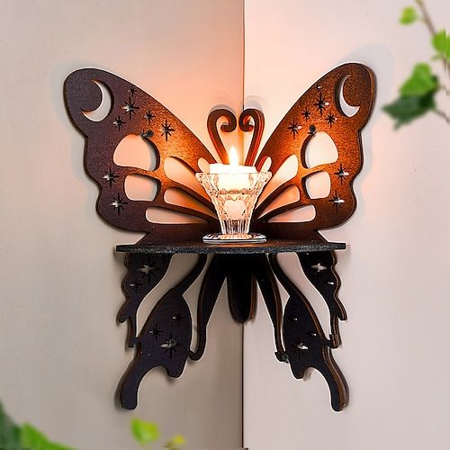 Butterfly Wall Corner Shelf with Candle Holder | Decorative Wooden Wall Light Stand
