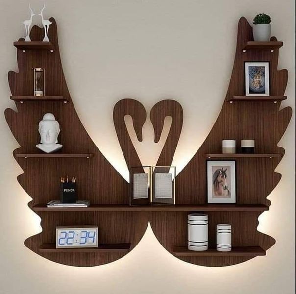 Swan-Inspired LED Wall Shelf | Elegant Wooden Decorative Storage Rack