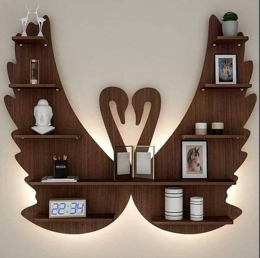 Swan-Inspired LED Wall Shelf | Elegant Wooden Decorative Storage Rack