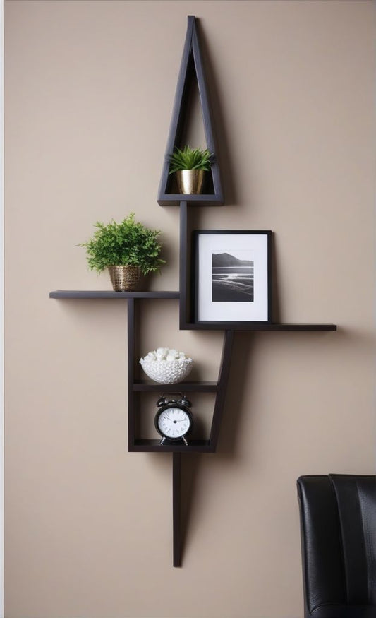 Modern Geometric Wall Shelf – Designer Wooden Floating Display Rack