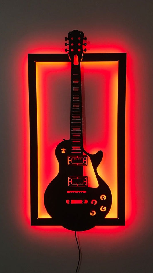Electric Guitar LED Wall Art | 3D Metal Music Decor with Red Backlight